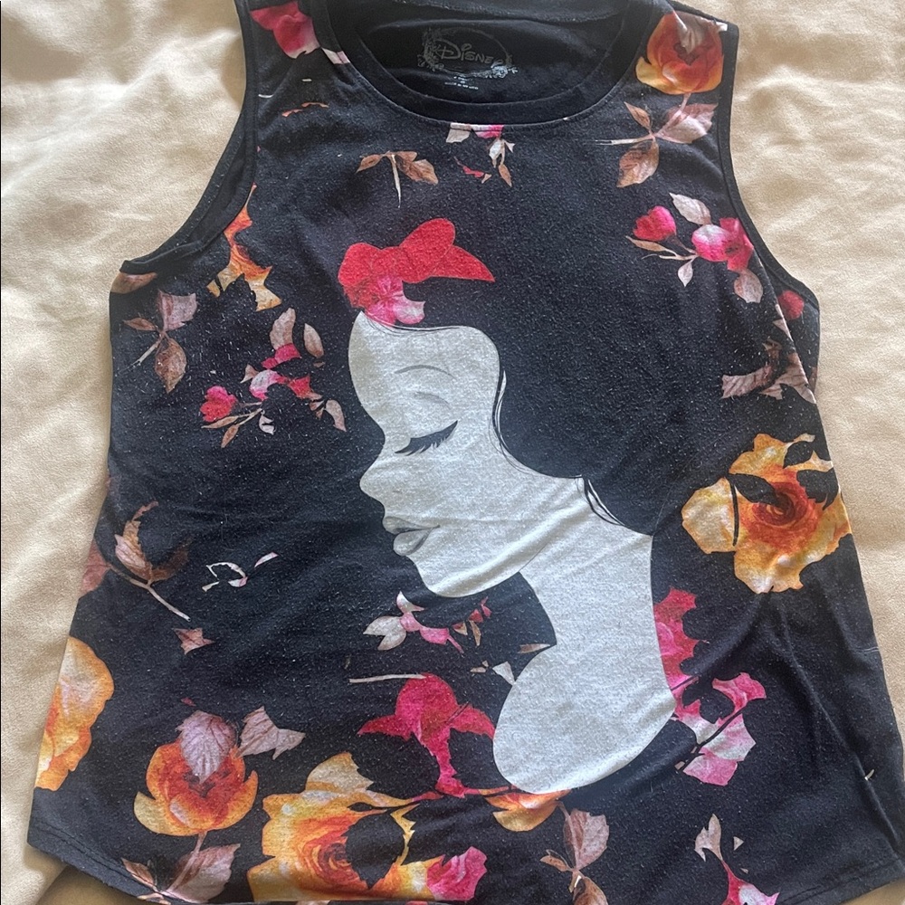 Disney Women's Black Tank Top with Floral and Character Design. Snow White